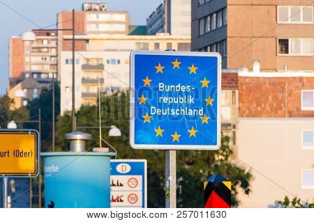 Frankfurt Oder, Germany - August 19, 2018: Entrance Sign To Federal Republic Of Germany At Frankfurt