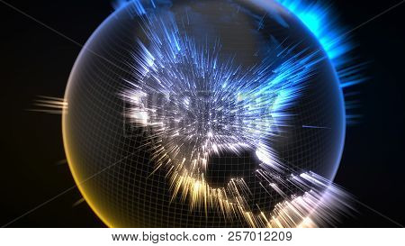 Dark Earth Globe With Glowing Details And Light Rays. 3d Illustration
