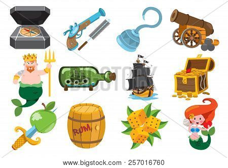 Set Illustrations On The Theme Of Pirates And Marine Inhabitants. Fairy-tale Cartoon Characters And 