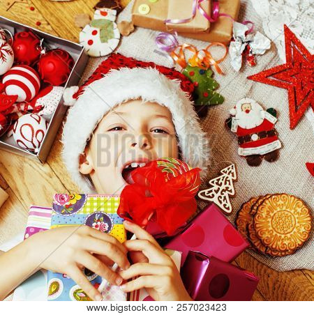 Little Cute Kid In Santas Red Hat With Handmade Gifts, Toys Vint