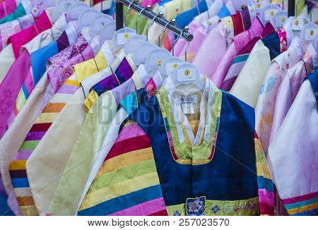 Seoul - May 10 : Hanbok Clothing In Seoul Korea On May 10 2018. Hanbok Is A Korean Traditional Cloth