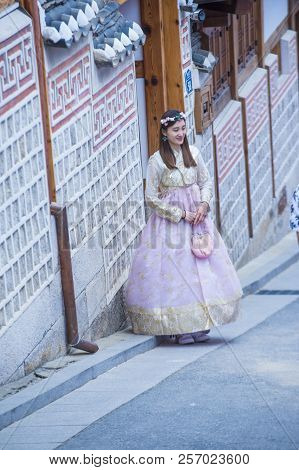 Seoul - May 10 : Korean Woman Wearing Hanbok Dress In Seoul Korea On May 10 2018. Hanbok Is A Korean