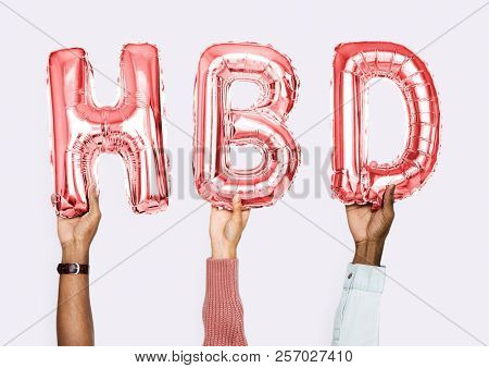 Pink alphabet balloons forming the word HBD