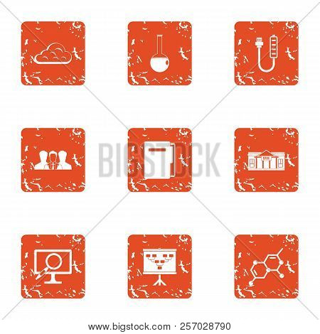 Chemical University Icons Set. Grunge Set Of 9 Chemical University Icons For Web Isolated On White B