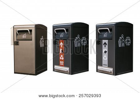 A Set Of Modern Smart Garbage Bins For Waste Collection For Their Further Disposal. Isolated On Whit