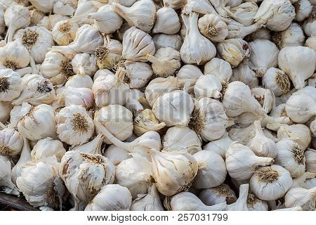 Close Up Of Garlic In Market, Organic Garlic Background