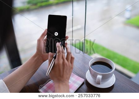 Chiang Mai, Thailand - August 18,2018: Woman Hands Holding Huawei With Uber Apps. Uber Is Smartphone