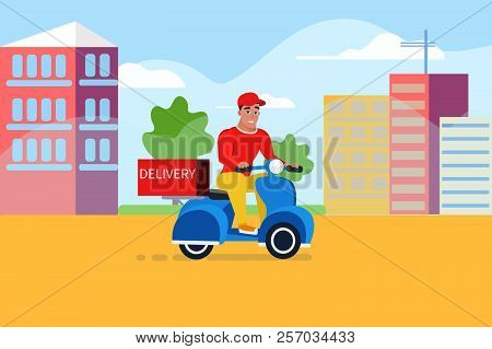 Delivery Man Riding Motorcycle And Work On Restaurant With Food Delivery. Vector Illustration Eps10 