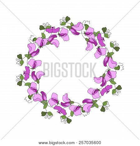Round Frame With Floral Elements Of Sweet Pea Flowers And Leaves. Wreath For Saint Valentine Day, We