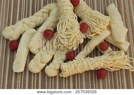 Set Suluguni Cheese. Homemade Suluguni Cheese. Cheese With  Cherry Tomatoes.