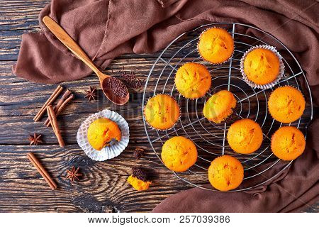 Freshly Baked Homemade Sweet Pumpkin Muffins  On A Round Stainless Steel Cake Cooling Rack On A Rust