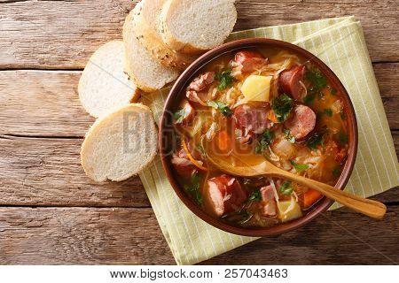Czech Recipe: Sauerkraut Soup (zelnacka) Close-up In A Bowl. Horizontal Top View