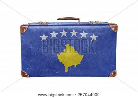 Vintage Suitcase With Kosovo Flag Isolated On White Background