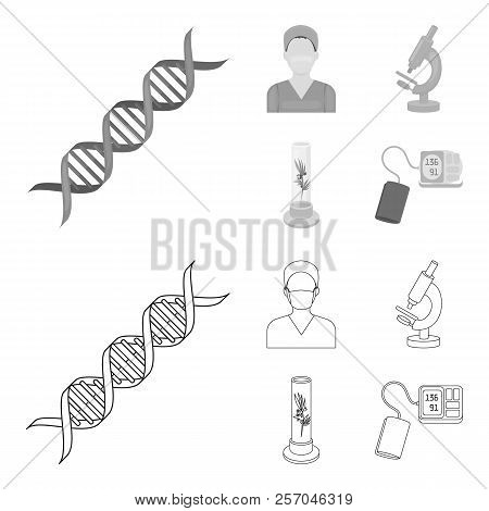 Plant In Vitro, Nurse, Microscope, Tonometer. Medicine Set Collection Icons In Outline, Monochrome S