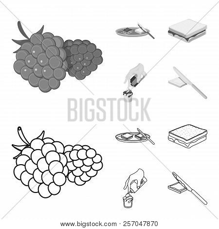 Dessert With Cream, A Sandwich And Other Food. Food Set Collection Icons In Outline, Monochrome Styl