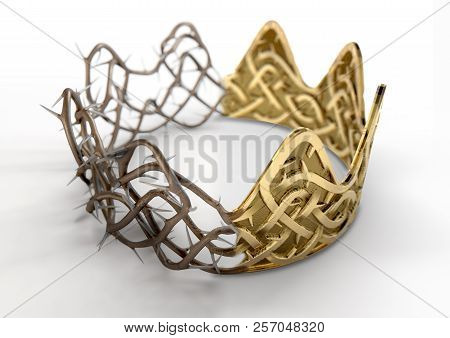 A Religious Crucifixion Concept Of A Split Between A Golden Crown And A Woven Thorn Crown On An Isol