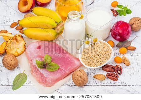 Best Food For Getting Sleep. Foods Rich Of Tryptophene And Melatonin. Healthy Nutrition Concept