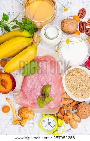 Best Food For Getting Sleep. Foods Rich Of Tryptophene And Melatonin. Healthy Nutrition Concept