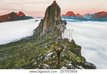 Traveler Enjoying Sunset Segla Mountain Adventure Journey Hiker Raised Hands Traveling Outdoor In No