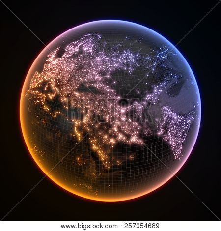 Dark Earth Globe With Glowing Details Of City And Human Population Density Areas. 3d Illustration