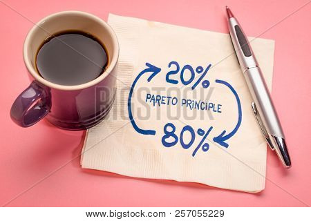 Pareto 80-20 principle concept - a sketch on a napkin with a cup of coffee