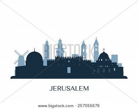 Jerusalem Skyline, Monochrome Silhouette. Design Vector Illustration.