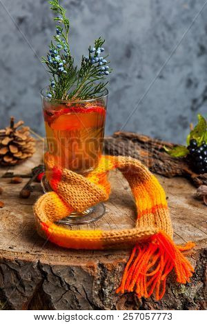 Hot Drink With Honey And Spices On Wooden Background Concept Of Seasonal Postcard