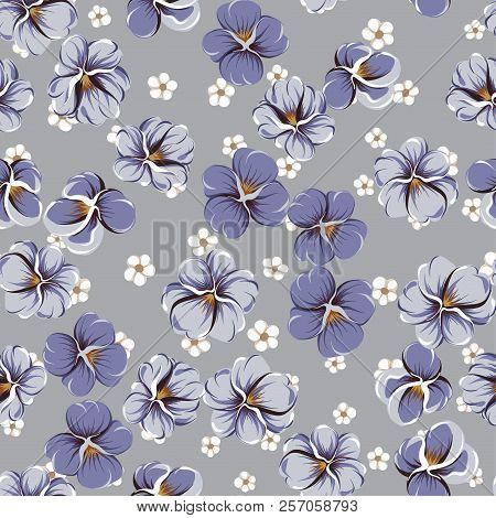 Vector Seamless Pattern With Violet Leaves, Violaceous Flowers And Small White Simple Flowers On A G