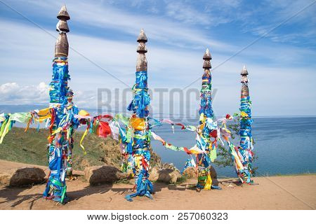 Prayer Ribbons Of Sacred Serge Pillars On Olkhon Island