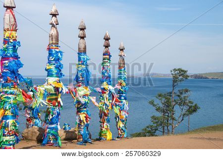 Prayer Ribbons Of Sacred Serge Pillars On Olkhon Island