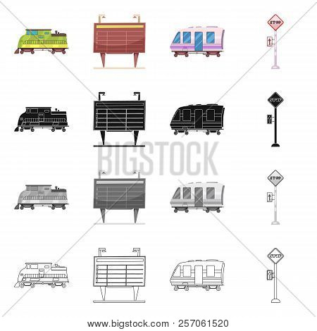 Vector Illustration Of Train And Station Sign. Set Of Train And Ticket Vector Icon For Stock.