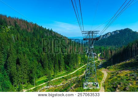 Descent From The Mountain In The Funicular, Shooting A Beautiful Mountain Landscape From The Cabin,