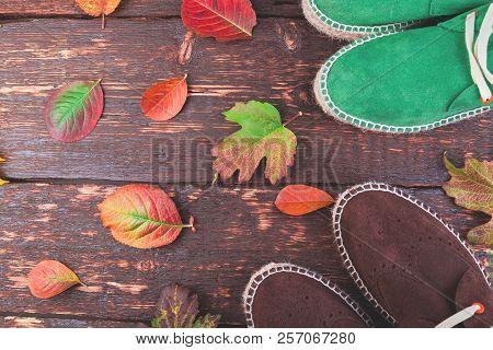Green Man Suede Boots Espadrilles On Wooden Background