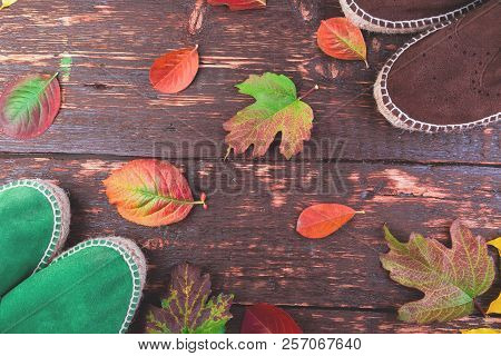 Green Man Suede Boots Espadrilles On Wooden Background