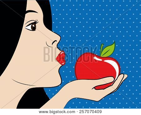 Beautiful Woman With Dark Hair And Red Lips Eats A Red Apple Vector Illustration Eps10