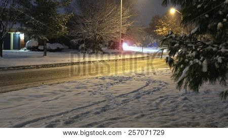 Snow Covered Winter Falls Snow Night Tree Branches Covered With Snow Under The Light Of A Lantern Du