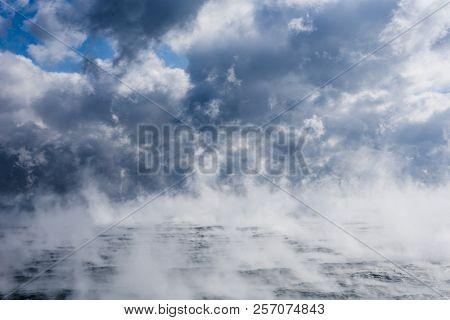 Evaporation At Sea. Clouds At Sea. Gulf Stream Current In Sargasso Sea In Winter