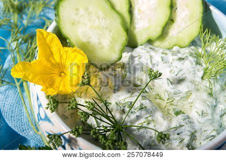 Dip Sauce Appetizer Tzatziki Of Cucumber, Yogurt, Garlic, Lemon And Dill. Creece Cuisine. Blue Woode