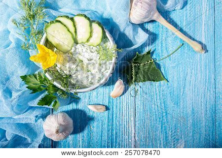 Dip Sauce Appetizer Tzatziki Of Cucumber, Yogurt, Garlic, Lemon And Dill. Creece Cuisine. Blue Woode