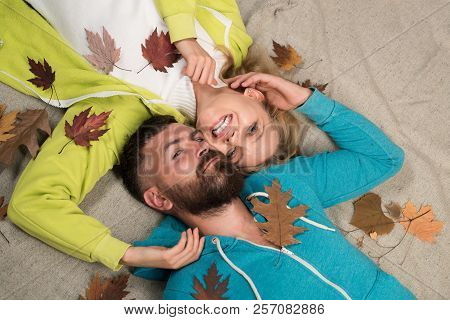 Time For Fashion Sale. Happy Family In Autumn. Hello Autumn And Leaf Fall Dreams. Happy Couple Go Sh