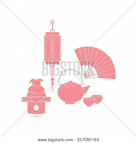 Eastern New Year Symbols. Chinese Lantern, Kettle With Two Cups, Fan, Kagami Mochi. Festive Traditio