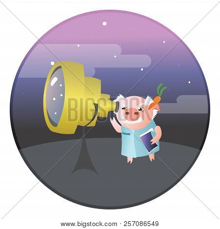 Oblivious Funny Pig Scientist Uses Telescope To See Something In The Sky. Vector Illustration.  Isol