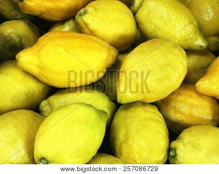 Close Up Of Stack Of Lemmons At The Greengrocer