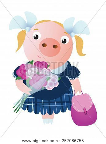 A Lovely Smiling Schoolgirl Pig  With A Backpack And Bouquet Of Flowers.  Vector Illustration.  Isol