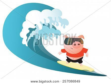 Pig  Surfer With Sunglasses. Vector Illustration.  Isolated On Transparent Background.  Excellent Fo
