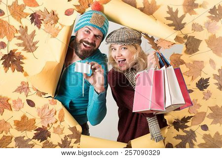 Ready For Text. Hello September. Happy Loving Couple. Leaf Fall Design. Autumn Sale Or Black Friday.