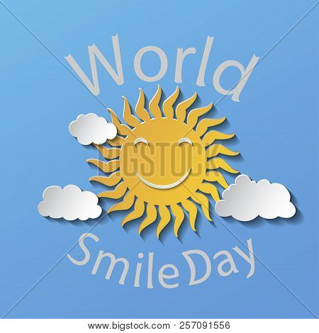 Flat Design Smiling Cartoon Sun Isolated On Blue Background.