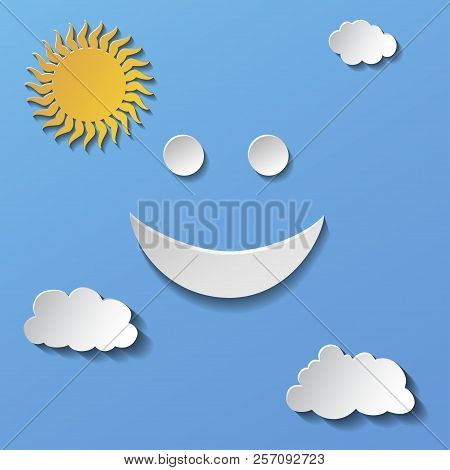 Flat Design Smiling Cartoon Sun Isolated On Blue Background.