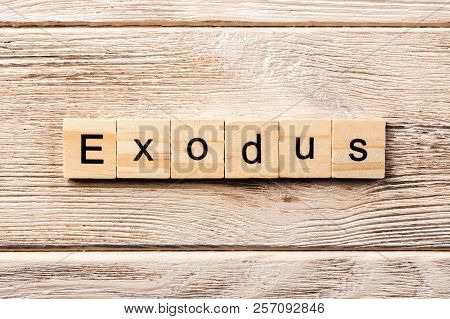 Exodus Word Written On Wood Block. Exodus Text On Table, Concept.