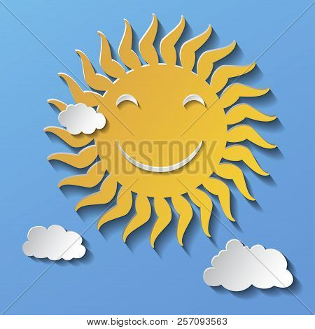 Flat Design Smiling Cartoon Sun Isolated On Blue Background.